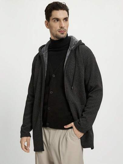 Manfinity CityGents Men's Mid-Length Hooded Knit Cardigan With Thermal Lining, Fall/Winter