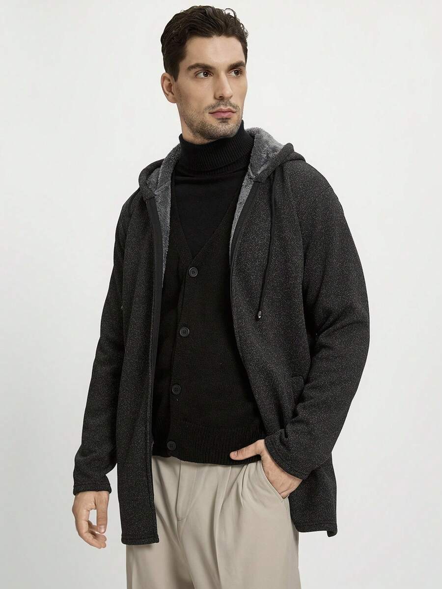 Manfinity CityGents Men's Mid-Length Hooded Knit Cardigan With Thermal Lining, Fall/Winter