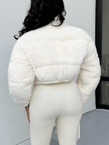Alexandranx Women Casual Solid Color Faux Shearling Cropped Puffer Jacket, Winter - Beige - View 2