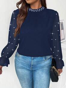 Vionelle Blusa de manga larga con volantes de parche de gasa y decoración de perlas, elegante y romántica para fiestas - Azul Marino - Ver 1