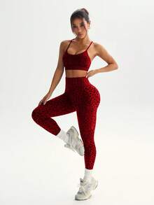 Dewbera Seamless High Stretch Leopard Print Sports Bra And Leggings Set Red Athletic Set Workout Women Set Red Leopard Print Workout Set - Red - View 8