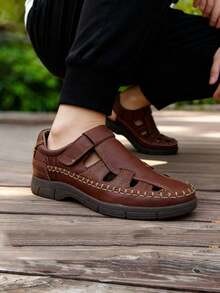 Zapatos de hombre piel suave transpirable punta redonda diseño casual suela cómoda verano sandalia cerrada - Marrón - Ver 3