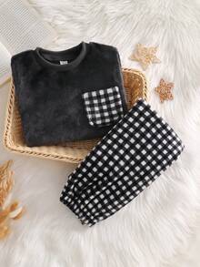 SHEIN 2件套女童毛绒格子长袖上衣和裤子休闲舒适柔软睡衣套装 - 黑色 - 查看 3