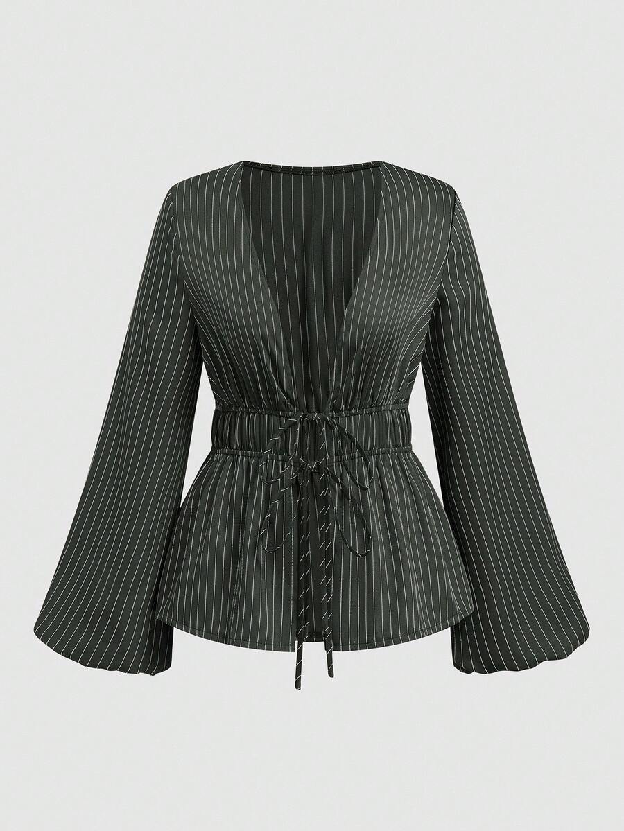 Sweetra Áo blouse dáng rộng, xẻ chữ V sâu, buộc dây phía trước, tay loe, eo bó, họa tiết sọc nâu trắng, thường ngày, đi làm, hẹn hò, cỡ lớn - Màu xám đen - Xem 1