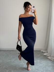 Rafferiza Elegant Ruched Off Shoulder Metallic Accent Fitted Party Dress For Women - Navy Blue - View 5