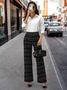 Editum 夏季优雅女士格子印花弹力针织裤，适合各种场合，适合夏季度假、优雅旅行、日常通勤 - 黑與白 - 查看 7