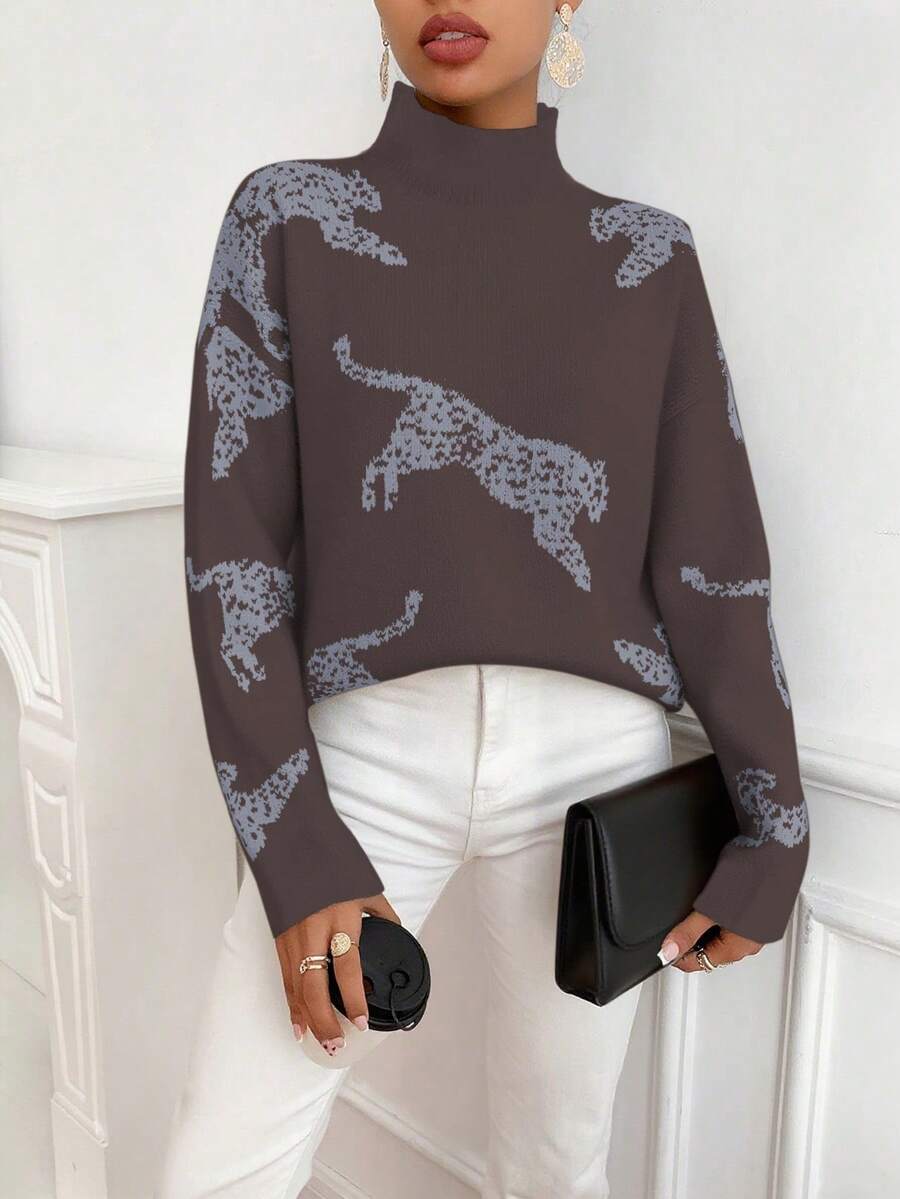 SHEIN Clasi Women's Leopard Pattern Loose Fit Dropped Shoulder Long Sleeve Turtleneck Sweater, Casual For Autumn/Winter - Brown - View 1