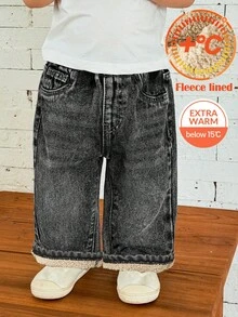 SHEIN Quần jean denim đen dáng rộng, mềm mại, ấm áp, lót giữ nhiệt, cơ bản cho bé trai, thích hợp mặc hàng ngày và dạo phố vào mùa thu/đông, dịp Giáng sinh, Năm mới, Lễ Tạ ơn. - màu đen - Xem 8