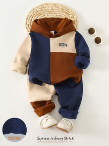 Cozy Pixies 2 Stücke Baby Jungen Set mit Buchstaben-Muster Kontrast-Farbpullover Sweatshirt und Jogginghose mit elastischem Bund, thermisch gefüttert und warm - Khaki - Übersicht 3