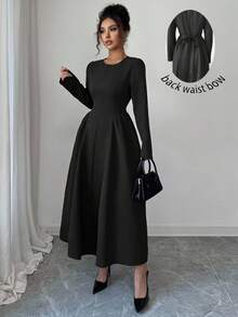 Elenzga Women's Elegant French Romantic Vintage Cute Office Commute Street Style Afternoon Tea Party Thanksgiving Back To School Square Neck Waist Gathered A-Line Long Sleeve Maxi Dress, Spring/Autumn/Winter - Black - View 1
