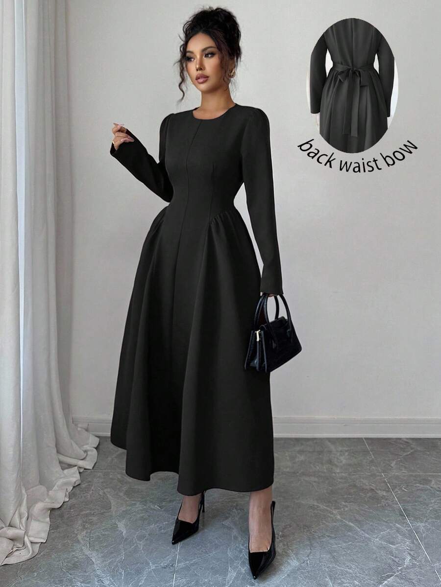 Elenzga Women's Elegant French Romantic Vintage Cute Office Commute Street Style Afternoon Tea Party Thanksgiving Back To School Square Neck Waist Gathered A-Line Long Sleeve Maxi Dress, Spring/Autumn/Winter - Black - View 1