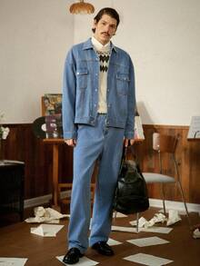 RivetRise Men's Blue Autumn Streetwear City Break Denim Jacket And Pants Set,Casual Single-Breasted Long Sleeve OVERSIZE Vintage Washed Urban Cargo Overalls - Blue - View 5