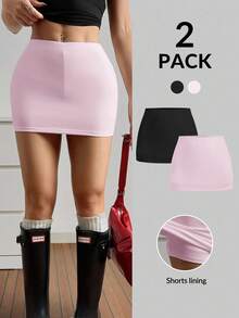 SHEIN EZwear Pink And Black 2 Packs Bodycon Mini Skirts For Women Casual Plain Knitted With Shorts Lining - Pink - View 3