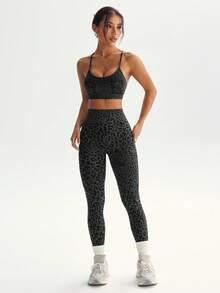 Rhythm Era Seamless High Stretch Leopard Print Sports Bra And Leggings Set - Dark Grey - View 4