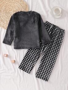 SHEIN 2件套女童毛绒格子长袖上衣和裤子休闲舒适柔软睡衣套装 - 黑色 - 查看 2