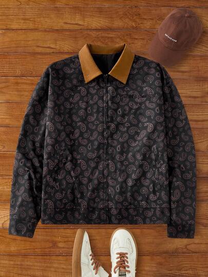 Manfinity BRENVOR เสื้อเชิ้ตผู้ชายลำลองลายดอกมะม่วงหิมพานต์, เหมาะสำหรับใส่ในชีวิตประจำวัน เสื้อคอปกกราฟิก เสื้อแจ็คเก็ตวินเทจผู้ชาย เสื้อแจ็คเก็ตลาย Paisley, สำหรับฤดูใบไม้ร่วง/ฤดูหนาว