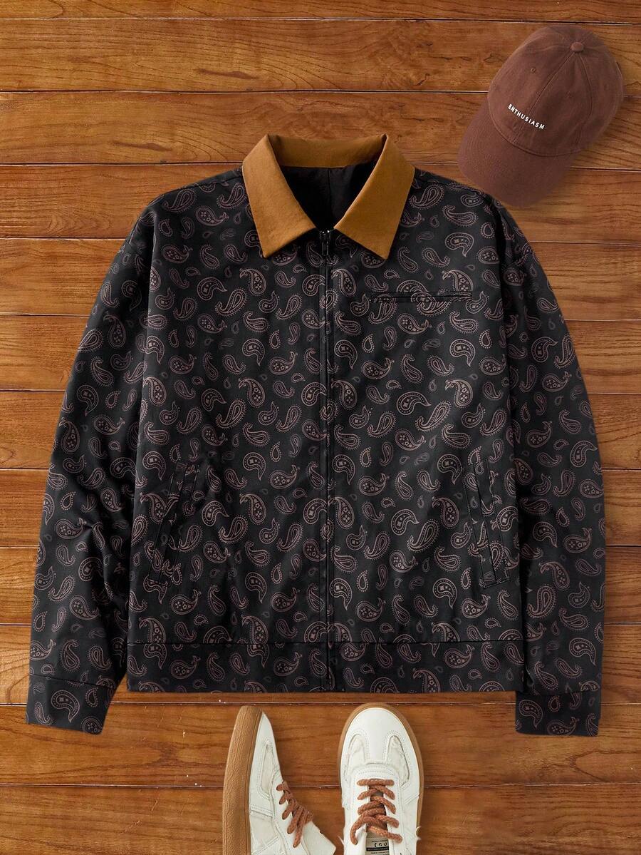 Manfinity VCAY Men's Casual Cashew Flower Print Shacket, Suitable For Everyday Wear Graphic Collar Shirt Vintage Jacket Men Paisley Jacket, For Fall Winter - Multicolor - View 1