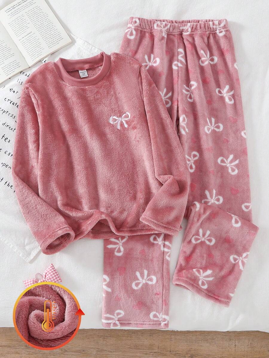 Genkimix Kids Girls' White Bow Decor Pink Long Sleeve Top & Butterfly Print Plush Pants Pajama Set Soft Pajamas Set Girls Lounge Set Tween Lounge Set Sweat Sets Tweens Comfy - Pink - View 1