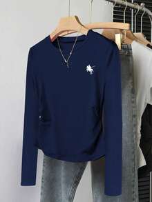 Women's Knight Print Round Neck Long Sleeve Pleated Casual T-Shirt - Burgundy - View 4