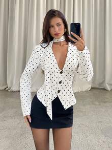 Aloruh Áo blazer nữ thanh lịch họa tiết chấm bi, thích hợp mặc đi làm, mùa thu, dành cho tất cả phụ nữ. Áo blazer nữ mùa thu đông, phong cách thanh lịch, phù hợp cho giáo viên, đi học. Áo khoác dáng ôm cổ chữ V sâu với dây buộc riêng, thanh lịch và đơn giản, lãng mạn, thích hợp cho đi làm hoặc hẹn hò, họa tiết chấm bi đen trắng. - trắng - Xem 5