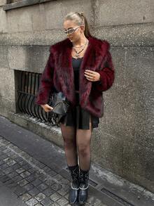 GalTyme Plus Size Women Hooded Faux Fur Jacket, Fashionable For Autumn/Winter - Red - View 7
