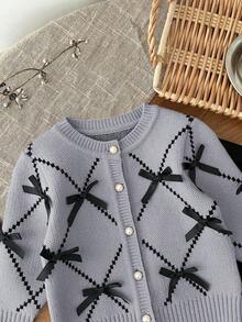 SHEIN LMoss Kids LMoss Baby Girl Baby Girl Cute Pink Bowknot Knitted Cardigan With Elastic Waist Black Pants Sweater Set, Autumn/Winter - Light Grey - View 11