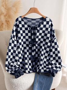 CosyJoli Plus Size Women Checkered Front Tie Dropped Shoulder Long Sleeve Casual Knit Cardigan, Autumn/Winter - Navy Blue - View 2