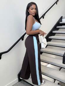 Alexandranx Drawstring Waist Nylon Contrast Panel Wide Leg Tracksuit Bottoms Only Spring Airport, Casual The Book Shop Christmas Fall Autumn Winter - Brown - View 5