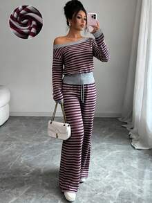 Franclia 女式条纹圆领长袖毛衣和抽绳腰针织裤休闲两件套，秋冬 - 彩色 - 查看 1
