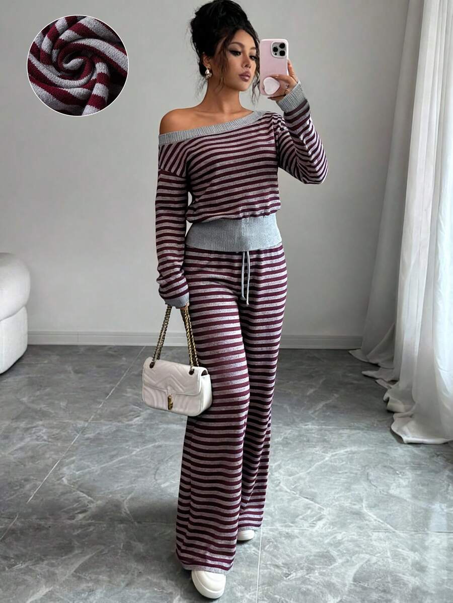 Franclia 女式条纹圆领长袖毛衣和抽绳腰针织裤休闲两件套，秋冬 - 彩色 - 查看 1