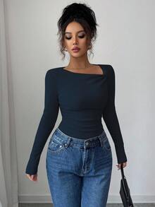 Selianne Áo thun dài tay xếp ly cổ chéo, màu trơn, dáng ôm, thiết kế đơn giản, thời trang thu đông mới - Màu xanh hải quân - Xem 6