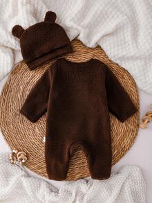 Conjunto de ropa para recién nacido, pijama suave de felpa, pelele con bordado en inglés lindo, mono de manga larga con pies y gorro adorable con orejas de oso, set de 2 piezas, ropa casual para el hogar para otoño/invierno - Café integral - Ver 2