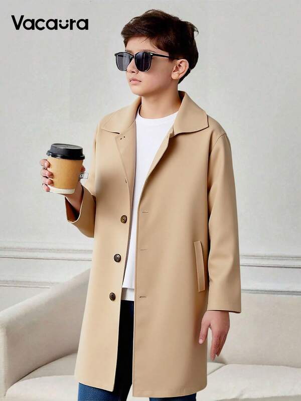 Płaszcz typu trencz dla chłopców w średnim wieku, z klapami, luźny, w stylu brytyjskim, jednorzędowy
