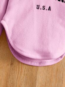 SHEIN 年轻女孩 2 件/套摇粒绒字母刺绣落肩弧形下摆连帽衫和紧身裤套装，运动风格，非常适合秋冬季休闲、日常穿着和学校日常穿着