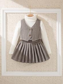 Souflis Souflis 两件套女婴优雅格子上衣搭配经典百褶裙套装，适合上学、外出和休闲场合，2025秋冬季法式风格 - 棕色 - 查看 1