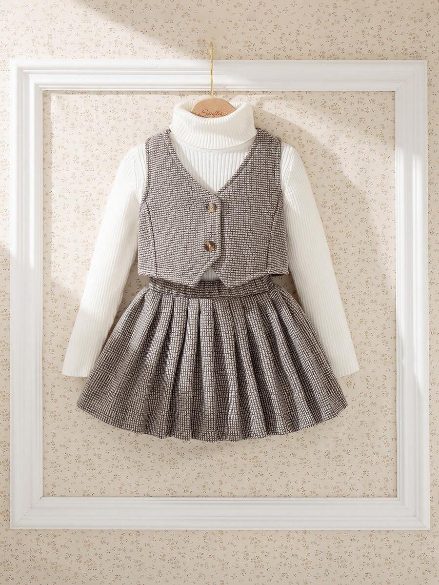 Souflis Souflis 两件套女婴优雅格子上衣搭配经典百褶裙套装，适合上学、外出和休闲场合，2025秋冬季法式风格 - 棕色 - 查看 1