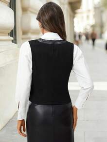 SHEIN Clasi سترة أحادية الصدر مزودة بجيوب زائفة، ملابس علوية رسمية بلون أسود على طراز البدلة الرسمية للخريف/الشتاء - الأسود - مشاهدة 3