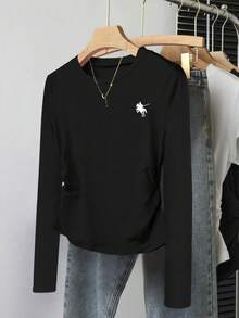 Women's Knight Print Round Neck Long Sleeve Pleated Casual T-Shirt - Burgundy - View 3