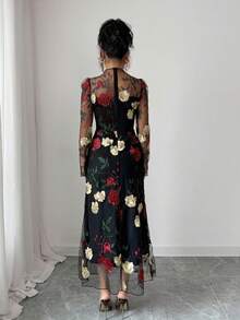 Elenzga 女士优雅时尚通勤休闲舒适迷人复古派对假日修身网眼 3D 刺绣花裙（随机印花） - 紅色 - 查看 2