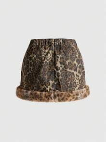 ROMWE J-Fashion Plus Size Y2K Gyaru Shibuya Leopard Print Retro Fluffy Decor Bodycon Denim Mini Skirt, Autumn/Winter - Brown - View 2