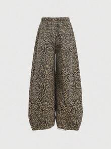 SHEIN Girlism Tween Girl Y2K American College Style Casual Leopard Print Loose High Waist Baggy Wide Leg Jeans With Bowknot Drawstring Waist, Fall Autumn Winter Streetwear, Back To School Homecoming, Christmas Halloween Costume, Cheetah Pants, Leopard Print Pants, Loose Pants - Brown - View 2