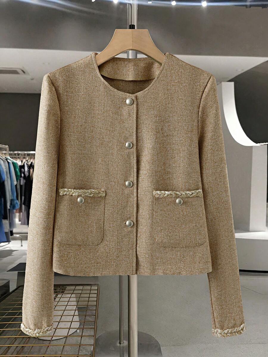 Lyxana Elegant Patchwork Ribbon Business Casual Jacket, Autumn/Winter - Khaki - View 1