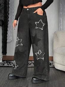 Whyspr 垃圾朋克骷髅大码女式前扣口袋五角星休闲牛仔裤