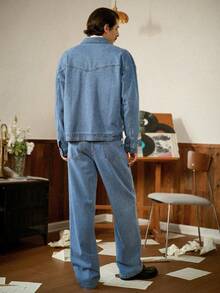 RivetRise Men's Blue Autumn Streetwear City Break Denim Jacket And Pants Set,Casual Single-Breasted Long Sleeve OVERSIZE Vintage Washed Urban Cargo Overalls - Blue - View 2