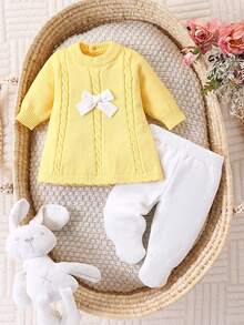 SHEIN 新生女婴针织毛衣裙配裤子两件套，黄色/浅黄色，舒适秋冬装，时尚蝴蝶结装饰，适合日常穿着、居家、外出、旅行、育儿 - 彩色 - 查看 6