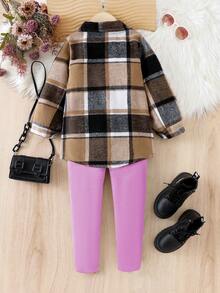 SHEIN 2件組少女復古格紋襯衫外套與休閒簡約吊帶連身褲套裝，春秋款 - 紫色 - 查看 2