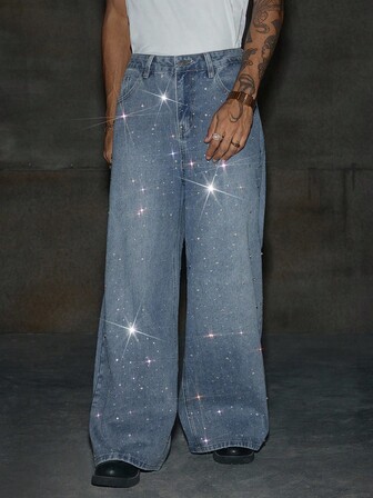 AXEPEAK 男士时尚通勤水钻装饰阔腿牛仔裤