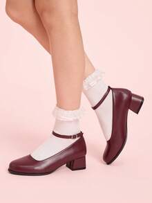 CUCCOO DOLLMOD Sepatu hak tebal ujung bulat polos polos dengan detail lubang di bagian dalam untuk wanita. - Burgundy - View 5