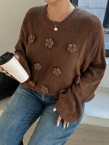 Dazy Plus Fashionable Casual 3D Floral Decor Knitted Diamond Pattern Loose Crew Neck Plus Size Sweater For Women, Autumn/Winter - Brown - View 6