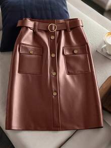 GlowEve 女士时尚百搭纯色半身裙 - 棕色 - 查看 1